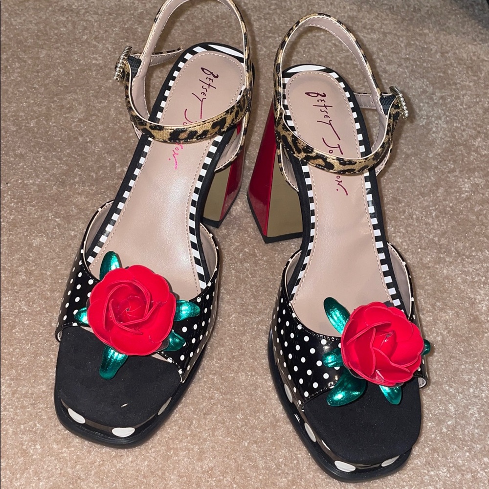 Betsey Johnson Black Polka Dot Heels with Red Rose